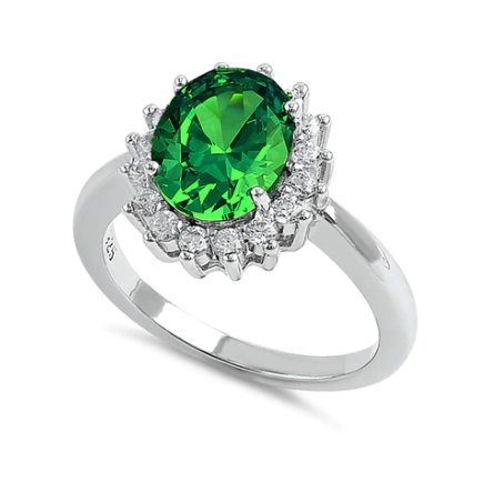 Plata de ley con circonita cúbica verde ovalada.