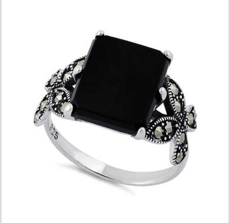 Anillo de marcasita de ónix y mariposa de plata de ley para mujer