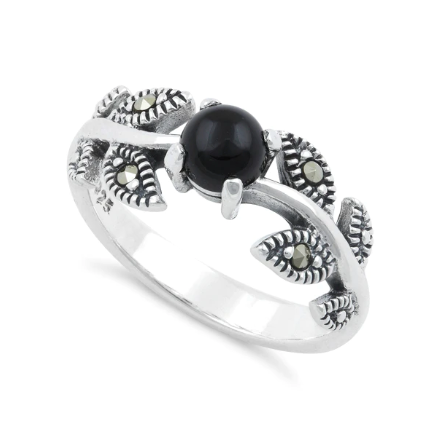 Womens Sterling Silver Black Round Leaves Ring