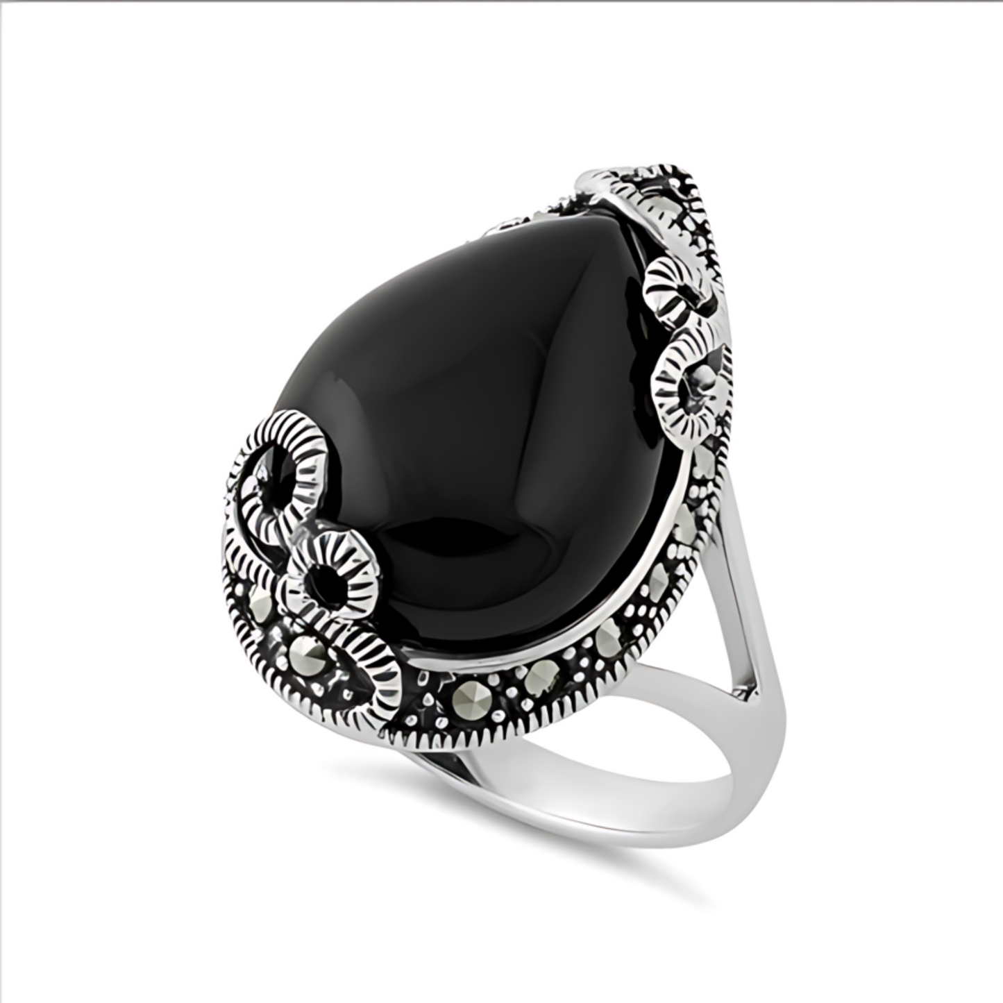 Anillo de plata de ley con pera de ónix negro para mujer