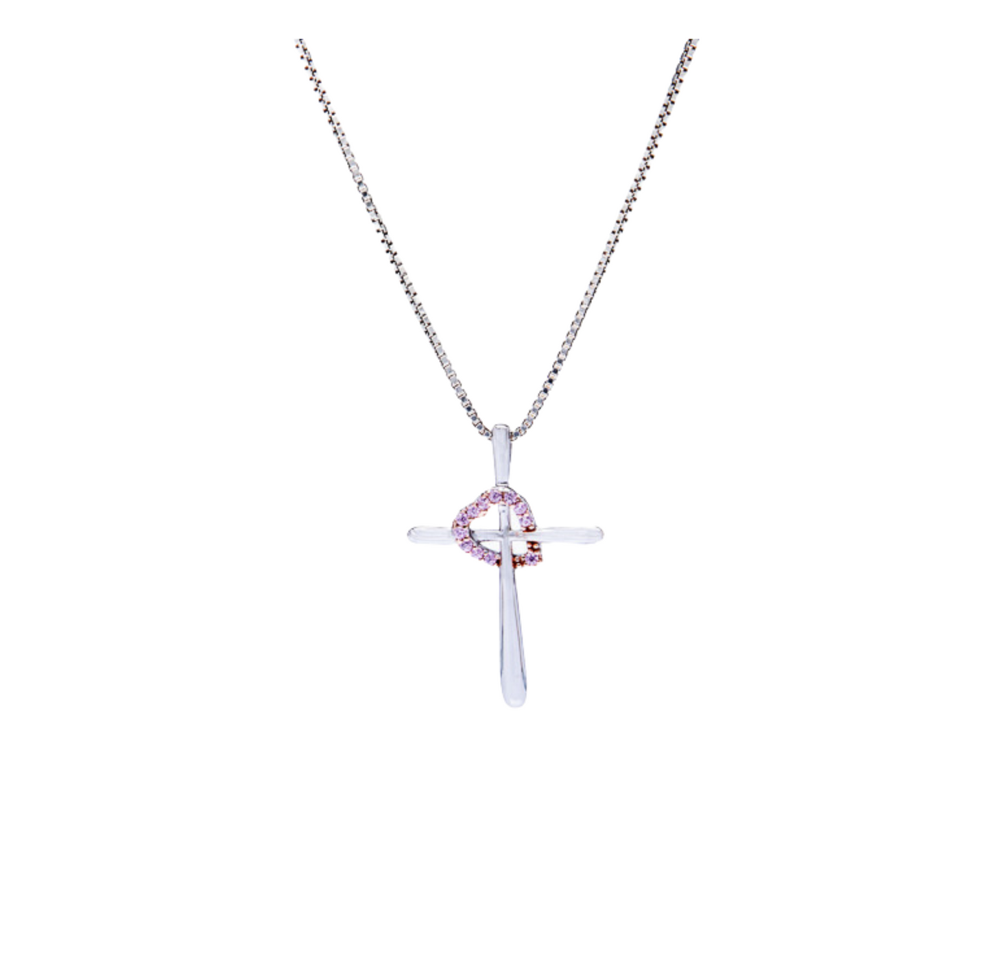 Sterling /Silver Necklace w/ Pink Heart Encased Cross