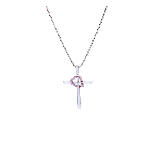 Sterling /Silver Necklace w/ Pink Heart Encased Cross