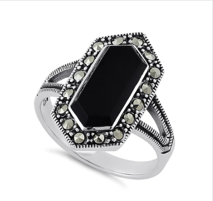 Sterling Silver Black Onyx Marcasite Ring