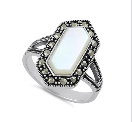 Womens Sterling Silver Mother of Pearl Diamond Shape Ring