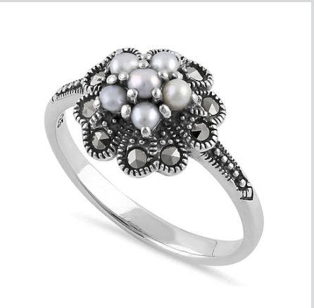 Womens Sterling Silver Water Pearl Marcasite Vintage Ring