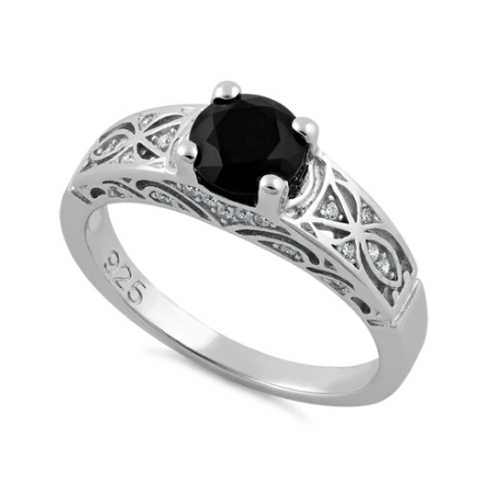 Womens Sterling Silver Black Round CZ Ring