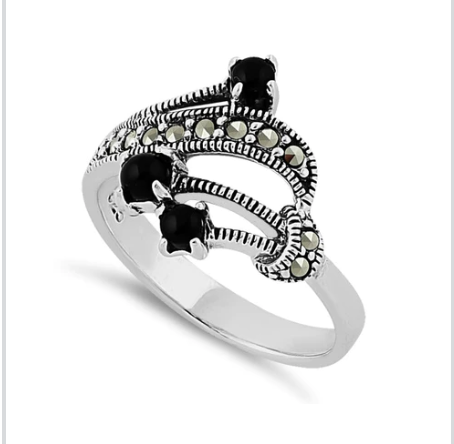 Sterling Silver Black Onyx Marcasite Ring