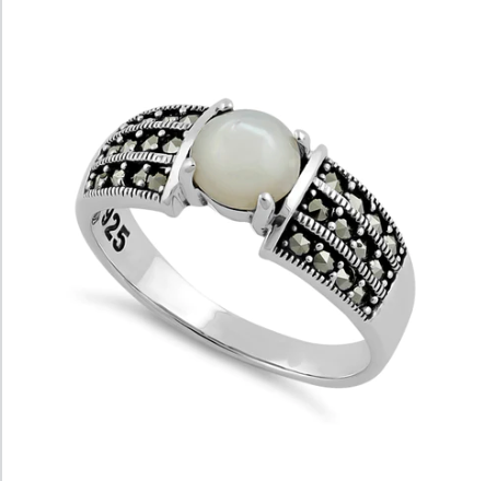 Womens Sterling Silver Mother of Pearl Marcasite Ring