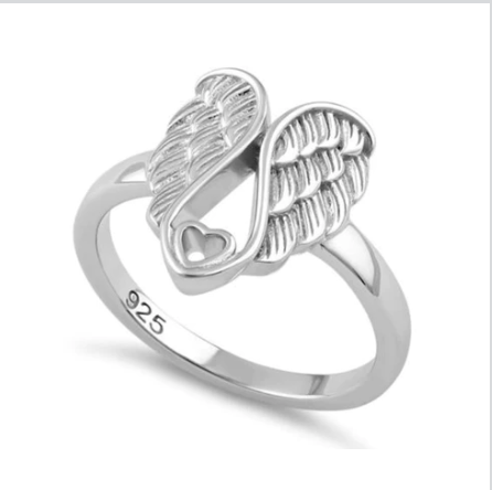 Anillo de plata de ley con alas de corazón de ángel