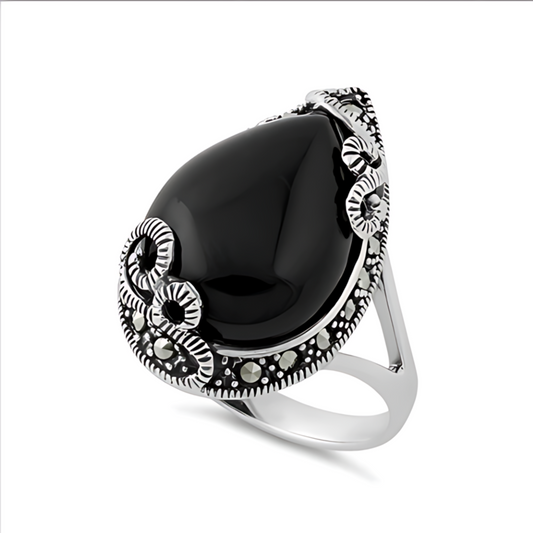 Womens Sterling Silver Black Onyx Pear Ring