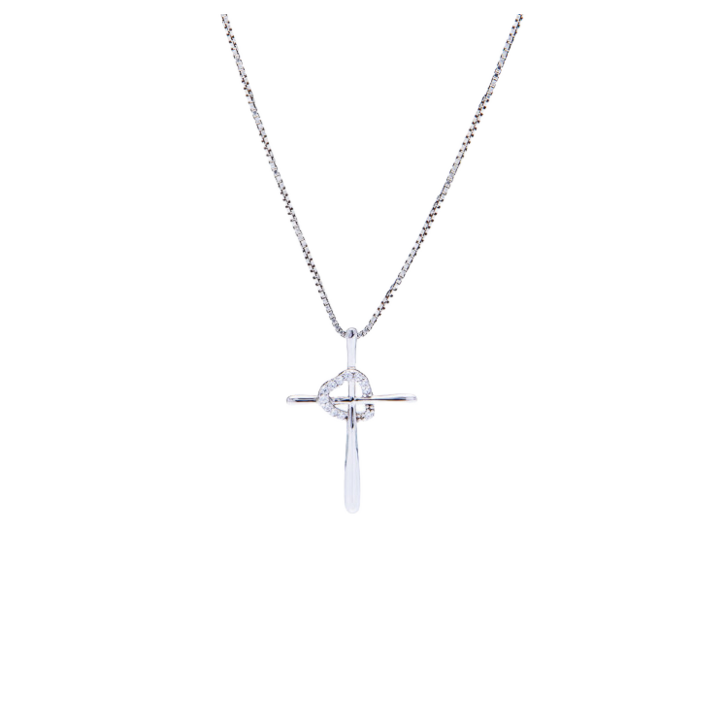 Sterling Silver Necklace w/ clear Heart encased Cross