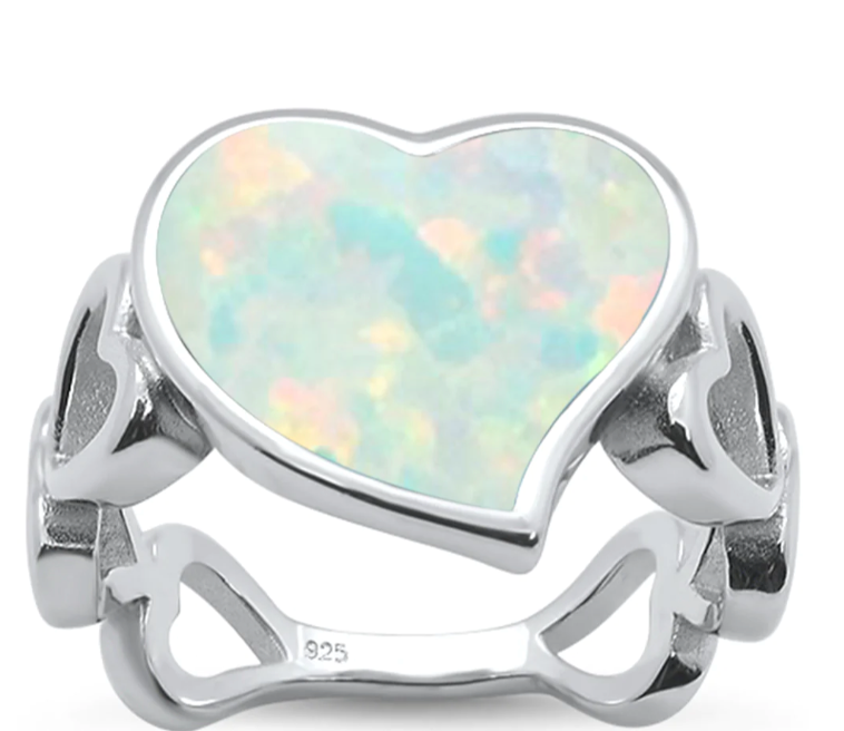 White Opal Heart Band Ring